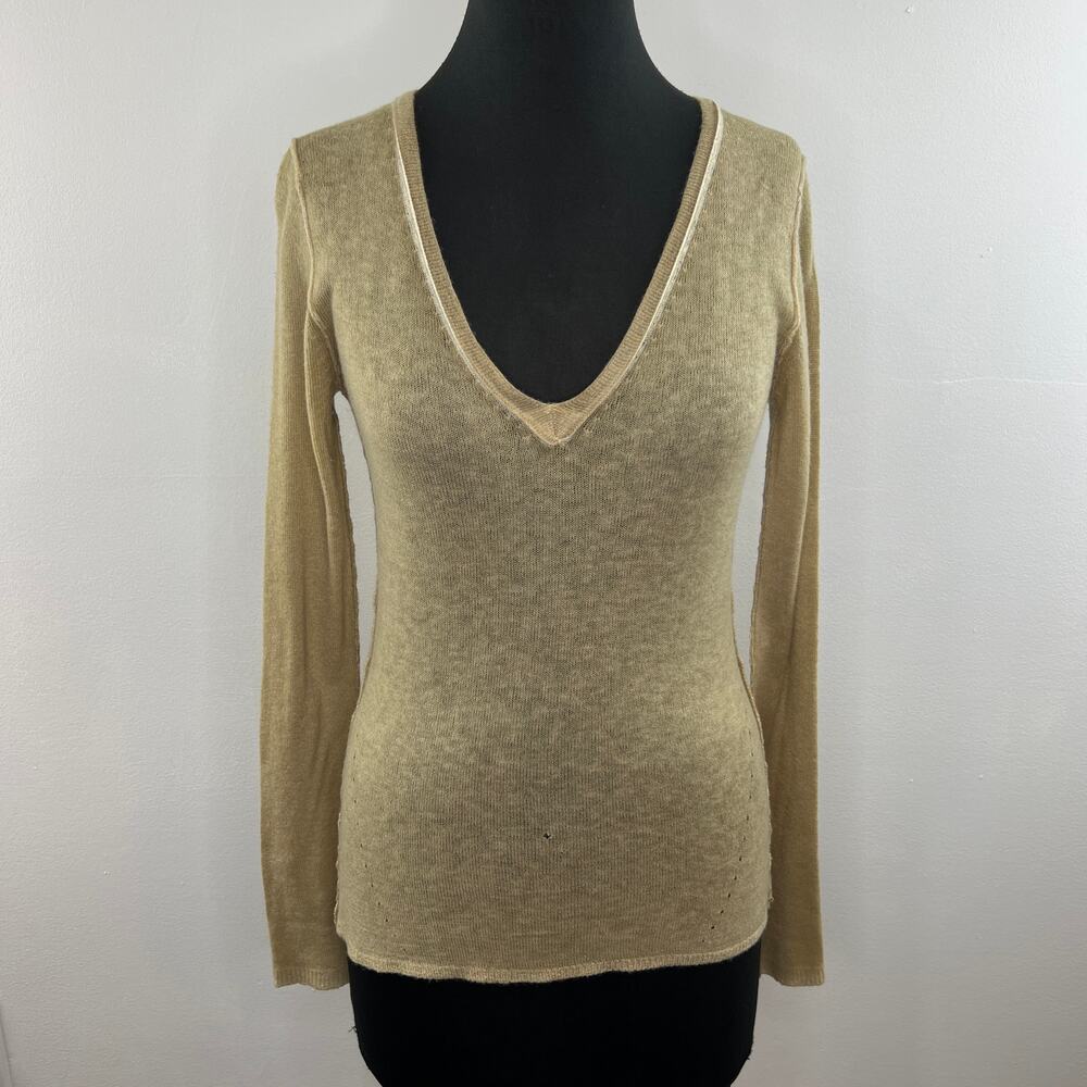 360 Cashmere Tan Beige Long Sleeve V-Neck Pullover Knit Sweater Size M Medium